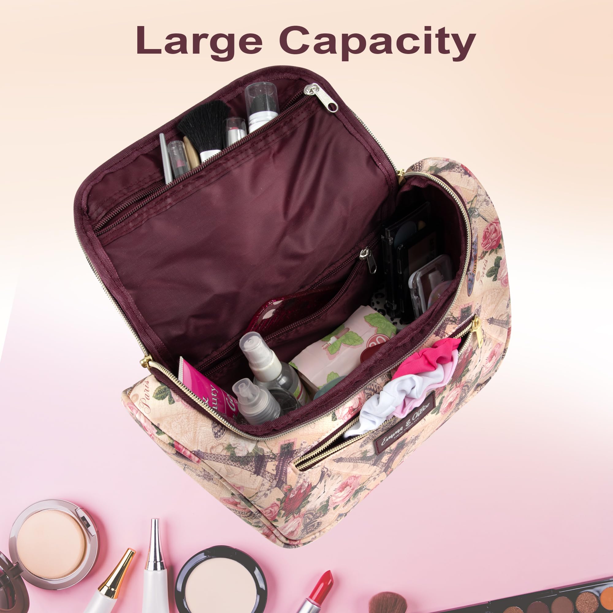Emma & Chloe Large Cosmetic Case Makeup Organizer, Toiletry Bag for Women | 4 Section Waterproof Travel Make Up Organizing Bags (Pretty in Paris)