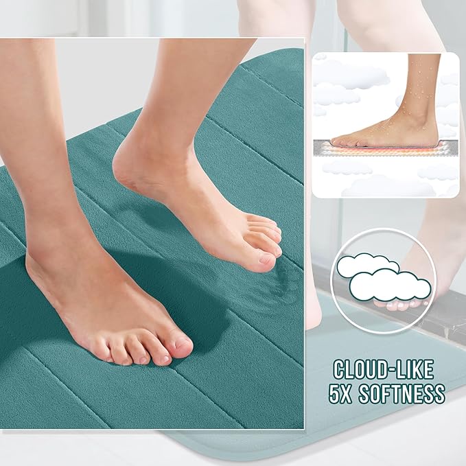 Yimobra U-Shaped Toilet Bath Mat Set 2 Piece - Super Soft Absorbent Quick Dry Memory Foam Bathroom Rugs, Machine Washable Non Slip Floor Carpet for Tub Shower & Single Sink (17x24 & 24x20, Teal)