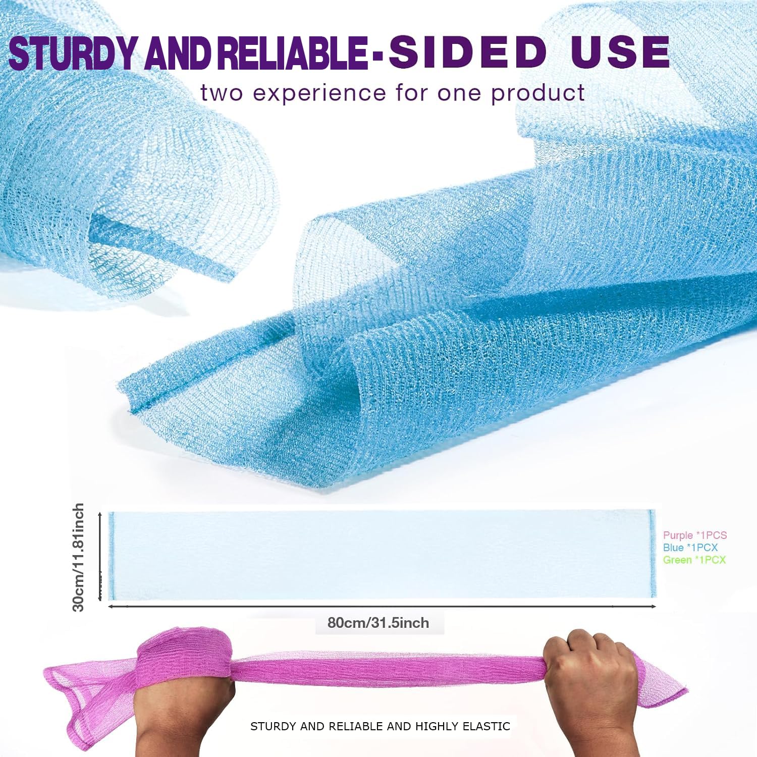 RIUOTA 3 Pieces Exfoliating Washcloth Shower Towel African Net Sponge Japanese Wash Cloth Face Exfoliating Sponge Loofah Exfoliating Body Scrubber for Body Exfoliation (Purple,Blue,Green)
