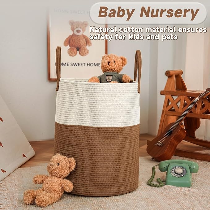 JMvicyroam Large Woven Laundry Basket Hamper,80L Cotton Rope Storage Bin for Blankets,Toys and Clothes,Decorative Tall Nursery Hamper for Living Room,Baby Nursery,Bathroom and Bedroom,White and Brown