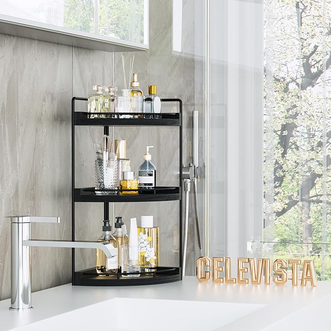 CeleVista Corner Bathroom Counter Organizer, 3 Tier Bathroom Sink Shelf Countertop, Wood Vanity Skincare Storage for Toiletries Decor, Makeup, Dresser(Black)
