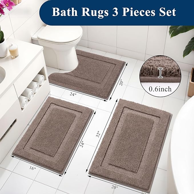 SHACOS Coffee Brown Bathroom Rugs Sets 3 Piece Bath Mat U Shaped Toilet Rug