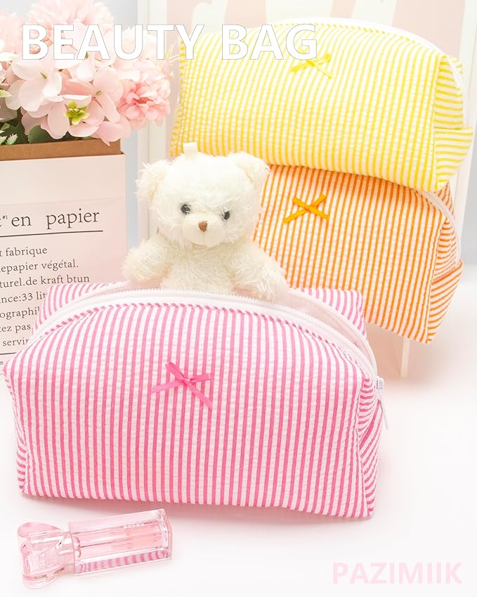 Cozy Makeup Bag for Women,Zipper Cosmetic Pouch,Stripe Candy Pink,2 Pack