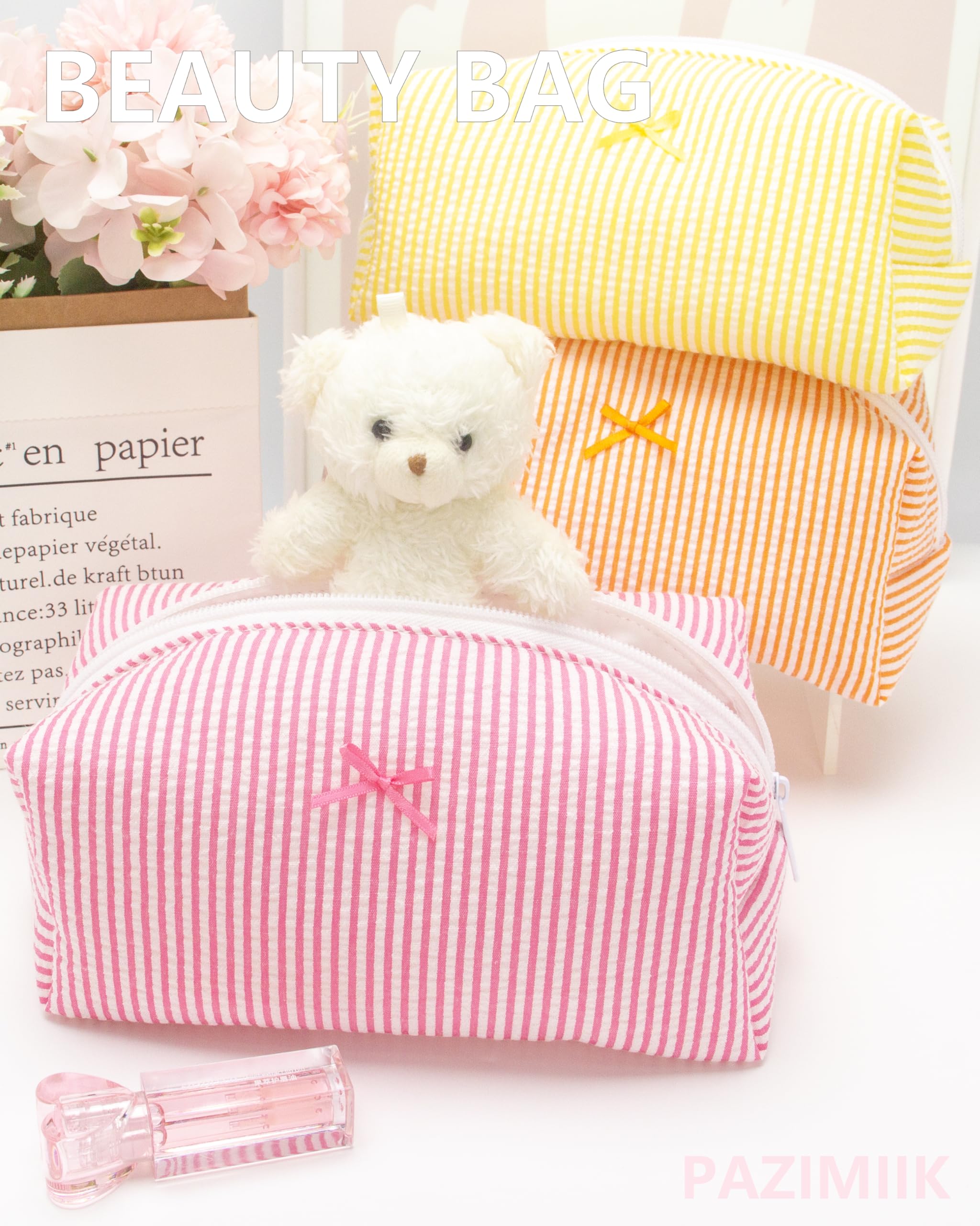 Cozy Makeup Bag for Women,Zipper Cosmetic Pouch,Stripe Candy Pink,6 Pack