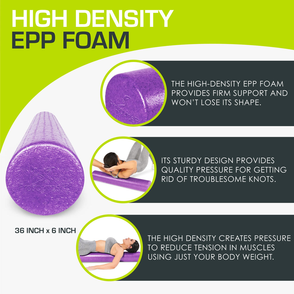 ProsourceFit High Density Foam Rollers 36 - inches long,Firm Full Body Athletic Massage Tool for Back Stretching, Yoga, Pilates, Post Workout Muscle Recuperation, Purple