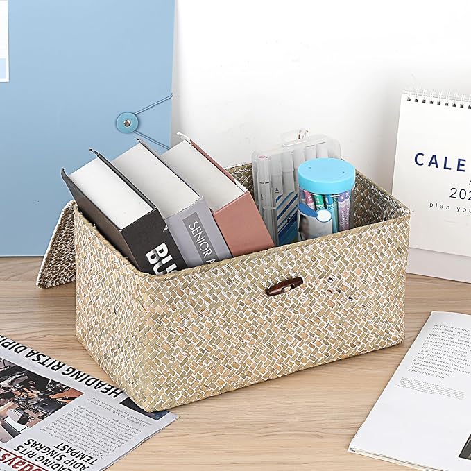 Sumnacon Wicker Basket with Lid Rectangle Woven Baskets for Toiletries Tampon Storage,Wicker Storage Basket with Lid,Decorative Seagrass Storage Baskets for Shelf Bathroom Toilet Table,Whitewash