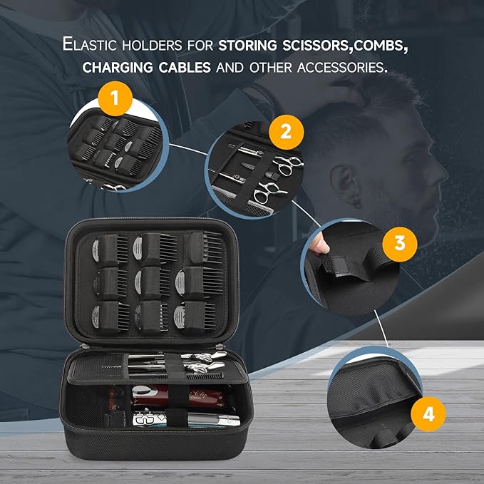 MOSLA Hard Barber Accessories Case for Hair Clippers, Mens Hair Cutting Barber Supplies Holder Organizer Storage Bag for Hair Cutting, Guard Grooming Kit (Nylon Black)