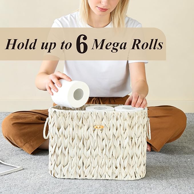 Toilet Paper Storage Basket with Lid,Toilet Paper Holder, Wicker Storage Basket with Built-in Handles for up to 6 Mega Rolls, Baskets Bathroom Accessories (Butter Milk)