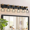 Farmhouse Bathroom Vanity Light Fixtures, 6-Light Wood Bathroom Light Fixtures Over Mirror, Rustic Sconces Wall Lighting with Elegant Metal Lampshade for Living Room, Bedroom, Hallway