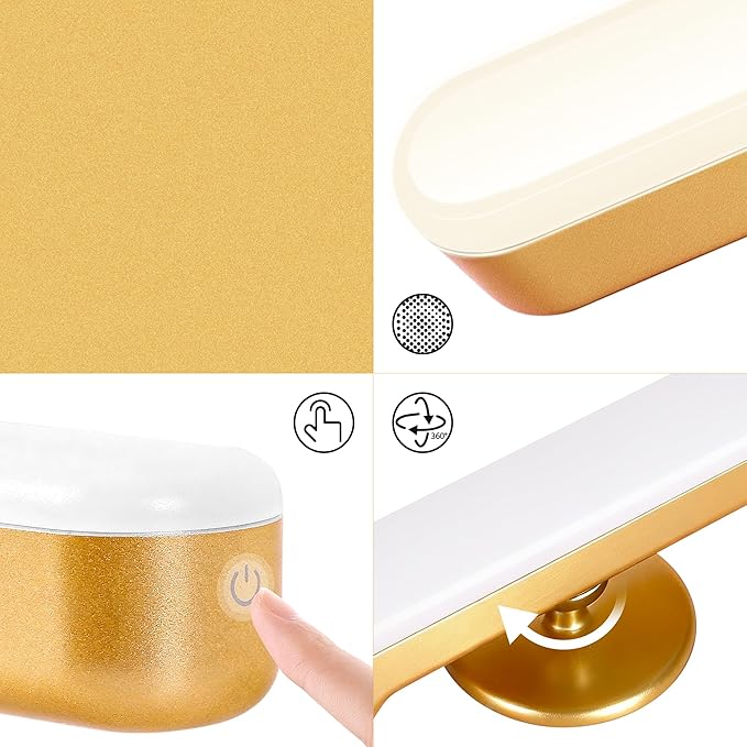 cambk Set of 2 Wireless Vanity Makeup Lights for Mirror, Rechargeable LED Stick On Light Bar for Bathroom Mirror with Dimmable 3 CCT, Long Battery Life Cordless Light for Vanity Desk(Gold)