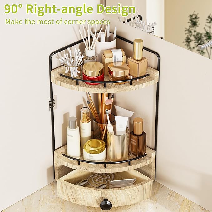 Aollewoiti 2-Tier Corner Bathroom Counter Organizer with Drawer, Wood color