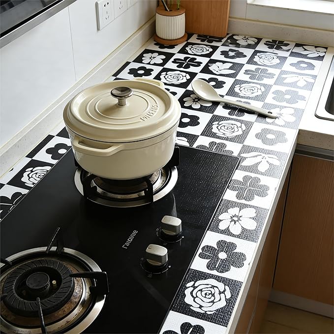 Drawer and Shelf Liner for Kitchen Cabinet,Non Adhesive Anti-Slip Double Layer PVC Waterproof Easy Clean for Dresser Bathroom Refrigerator with Knife Tape Measure(12 in X 20 Ft Black & White Flowers)