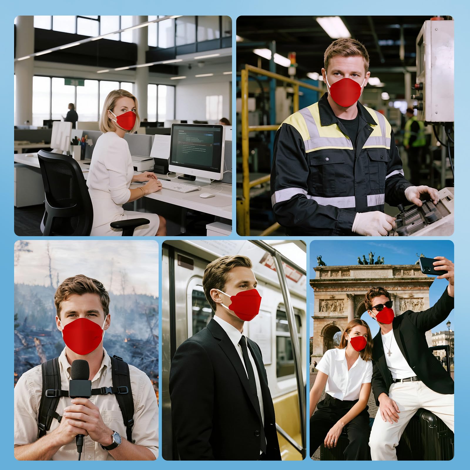 akgk KN95 Face Masks 50 Pack, 5-Ply Disposable Red Face Mask Against PM 2.5 Smoke & Dust, Filtration Efficiency 95%