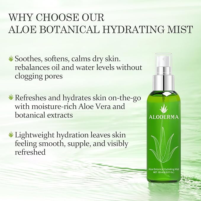 Aloderma Refreshing Hydrating Mister - Made with Fresh Organic Aloe Vera Juice within 12 Hours of Harvest, Lightweight Fine Mist Facial Spray Perfect for Summer- Instant Skin Hydration, 120ml/4.23Oz