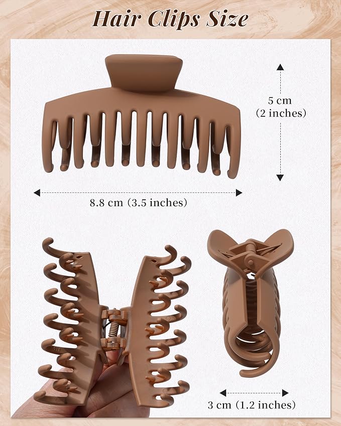 Mesovor 4 Pack Double Row Teeth Hair Claw Clips, 3.5" Large Strong Hold Matte Hair Clips for Thin and Short Fine Hair Accessories (Neutral Matte)