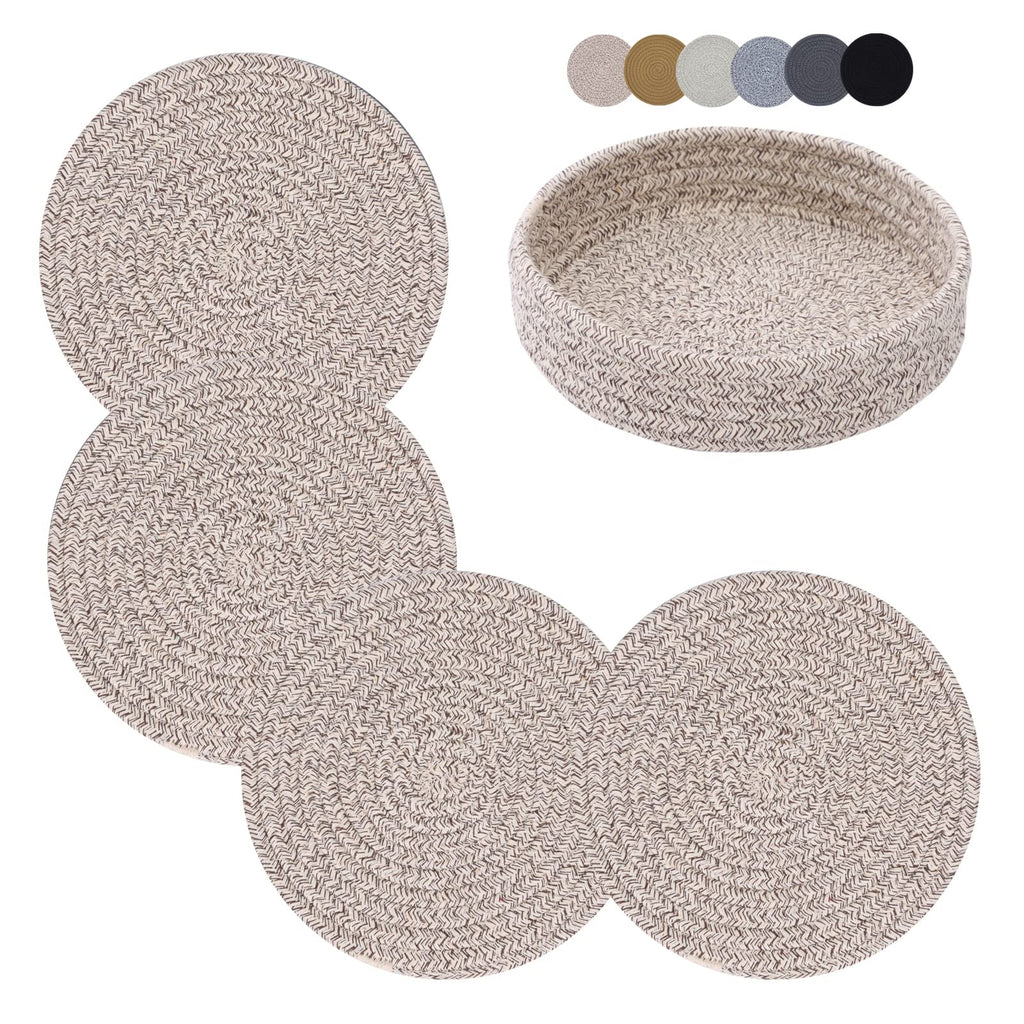 Coga Trivets for Hot Dishes, 4 Pack 7 Inch Cotton Hot Pads for Kitchen with Storage Basket, Round Pot Holders for Kitchen, Heat Resistant Mats for Countertop, Pots and Pans, Farmhouse Decor, Brown