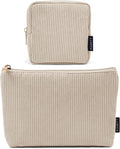 MAGEFY Small Makeup Bag, 2 Pcs Corduroy Makeup Bag for Purse Make Up Organizer Bag Mini Pouch with Slip-in Pockets Aesthetic Preppy Stuff - Beige