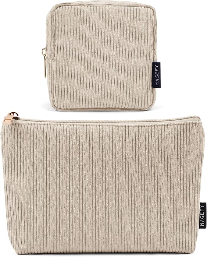 MAGEFY Small Makeup Bag, 2 Pcs Corduroy Makeup Bag for Purse Make Up Organizer Bag Mini Pouch with Slip-in Pockets Aesthetic Preppy Stuff - Beige