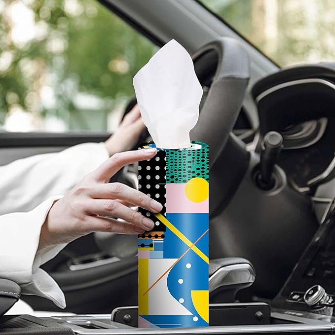 4-Pack Car Tissue Cylinders - 1980s Geometric Pattern, Fits Car Cup Holders, Travel Tissue Tubes with Facial Tissues (Geometric Design)