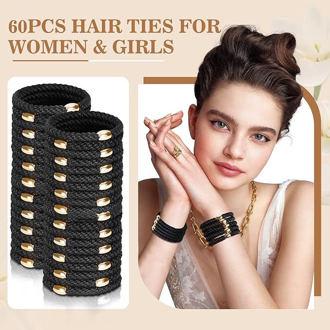 Hair Ties No Damage - 60PCS Ponytail Holders - Elastic Hair Ties for Thick Hair - Braided Hair Bands for Women Girls's Hair - Black