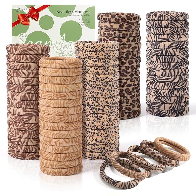 Bessrung 100PCS Seamless Elastic Hair Ties for Women Girls, No Damage Ponytail Holders for Thin Thick Hair, Leopard Animal Print Hair Bands for Women's Hair, Hair Accessories for Daily Use