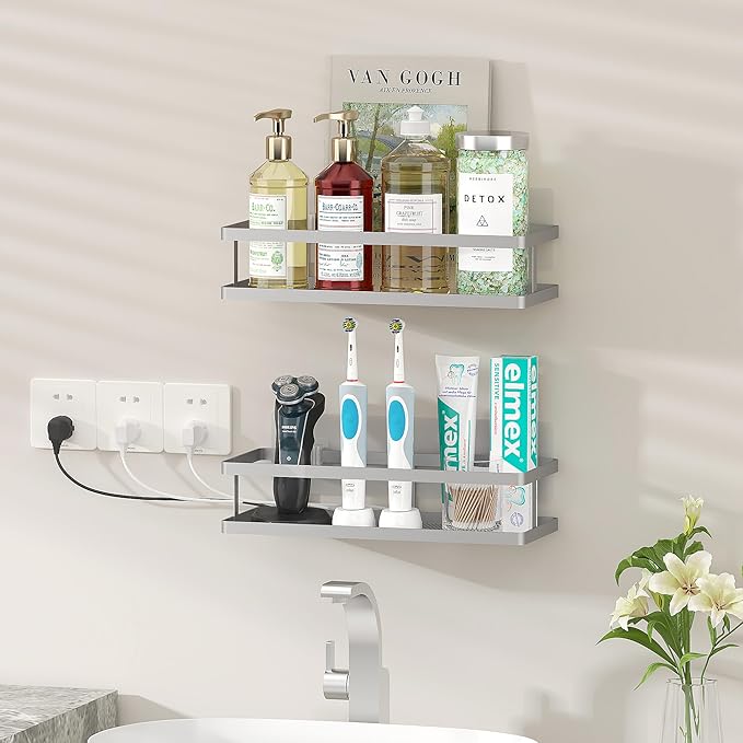 PUSDON 2-Pack Minimalist Shower Caddy Wall Mount, Open Frame Bathroom Shelf Organizer with Mesh Base, Rustproof Floating Spice Rack for Kitchen, Holds 50 LBS, 4 Hooks - Silver Gray, Guardrail