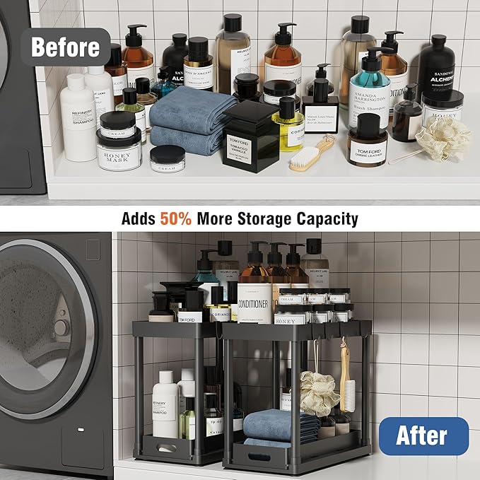 POUGNY 2 Pack Pull-Out Storage Organizers, Under Sink Organizer and Storage for Bathroom & Kitchen,Multi-Purpose Under Cabinet Organizers and storage Black