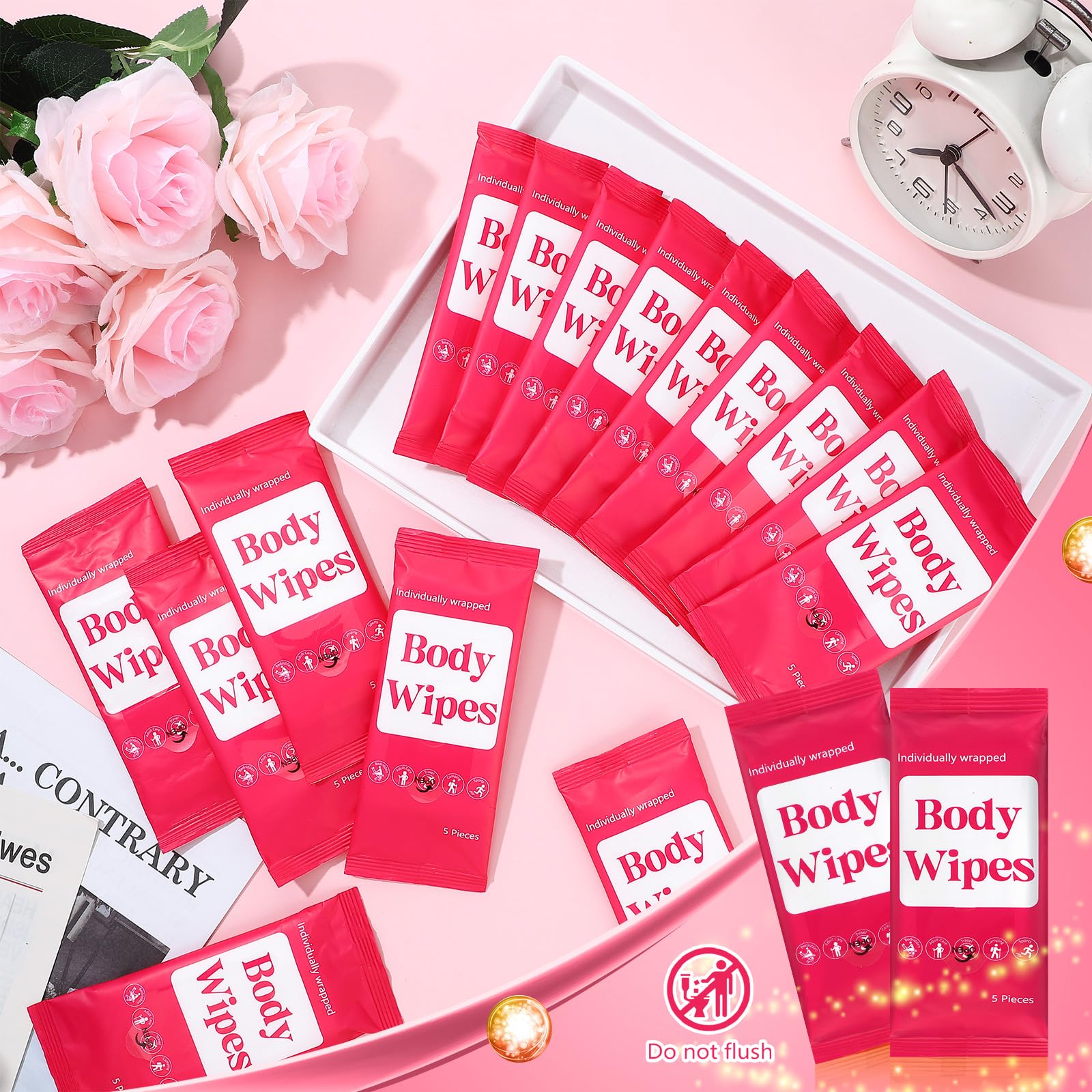 Threlaco 300 Pcs 60 Pack Body Wipes for Adults Bathing No Rinse Individually Wrapped Shower Wipes Washcloth with Aloe Cleansing Body Wash Cloths Disposable Bulk Deodorant Homeless(Rose Background)