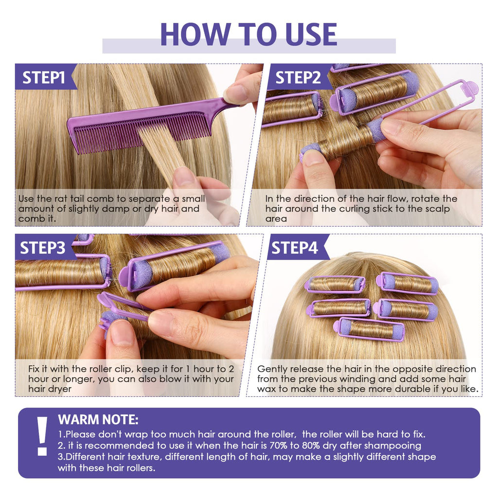 Syhood 43 Pcs Foam Sponge Hair Rollers Rat Tail Comb,Purple