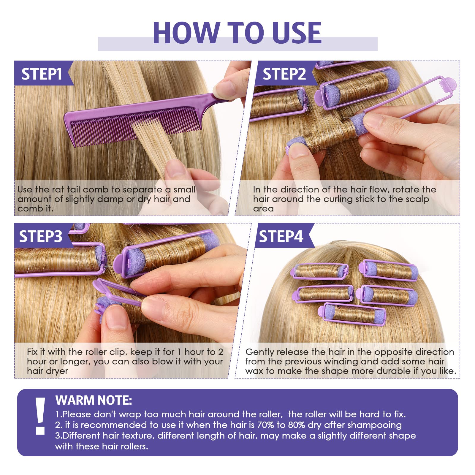Syhood 43 Pcs Foam Sponge Hair Rollers Rat Tail Comb,Purple