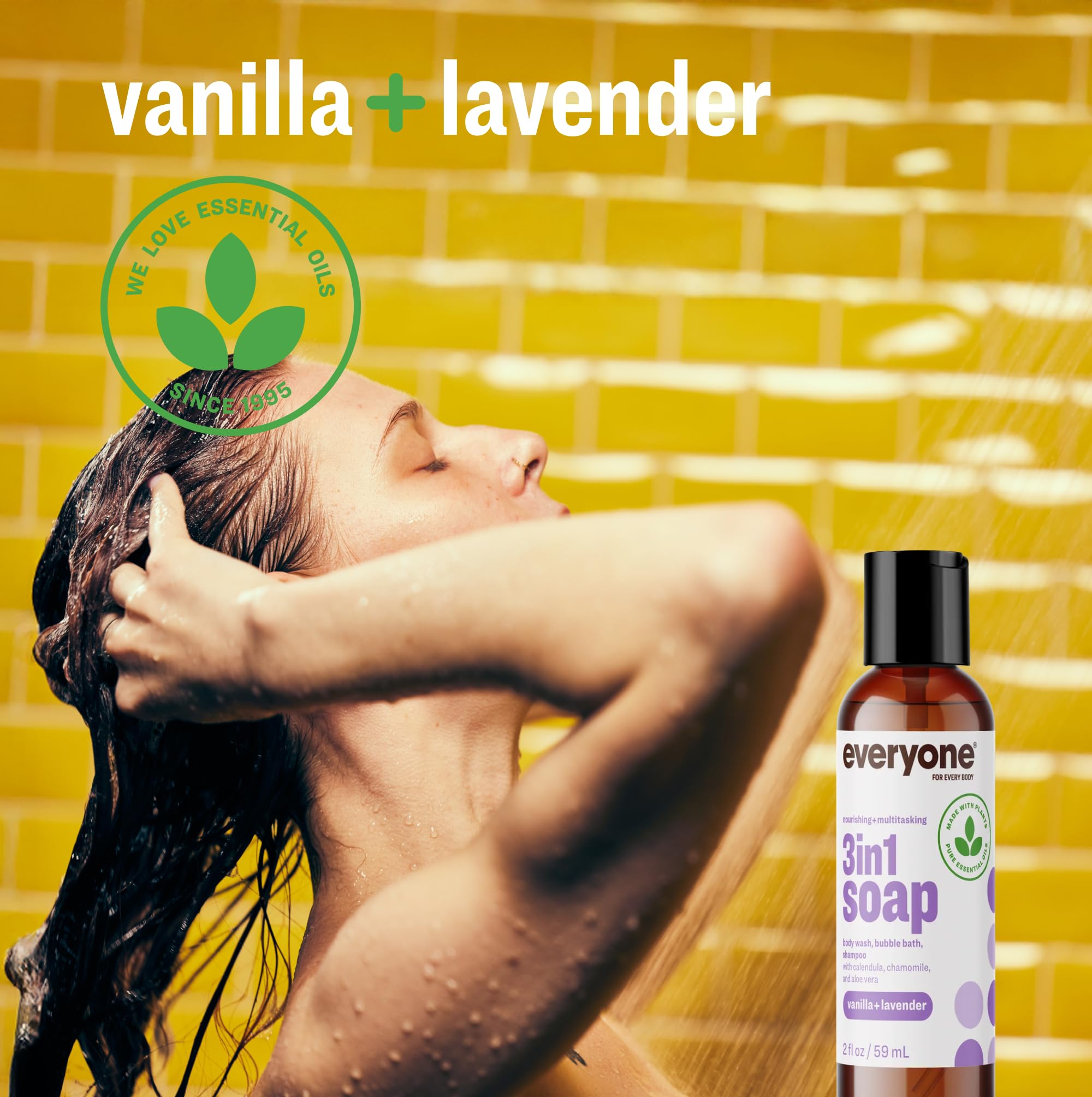 Everyone 3-in-1 Soap Body Wash, Bubble Bath, Shampoo, Travel Size, 2 Ounce (Pack of 12), Vanilla and Lavender, made with Essential Oils for Men and Women
