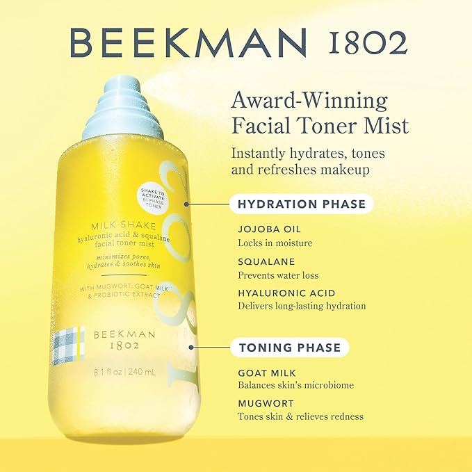 Beekman 1802 Milk Shake Hydrating Face Mist – Setting Spray & Milky Toner with Hyaluronic Acid & Squalane – Facial Toner & Face Spray – Lightweight Hydration, Minimizes Pores, Fragrance Free 8.1 Fl Oz