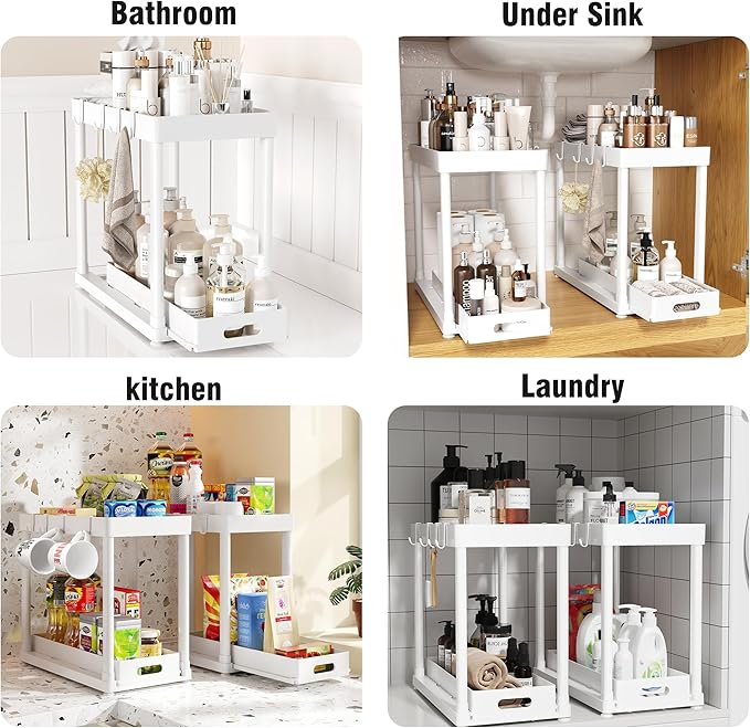 POUGNY 2 Pack Pull-Out Storage Organizers, Under Sink Organizer and Storage for Bathroom & Kitchen,Multi-Purpose Under Cabinet Organizers and storage Black