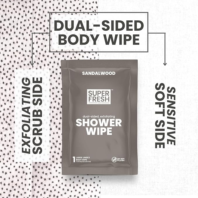 Super Fresh Shower Body Wipes, Travel Essentials for Camping, Large Sandalwood Wipes for Adults, Women, Men, Kids Personal Hygiene Cloth Enriched with Aloe and Vitamin E, Individually Wrapped 50 Pack