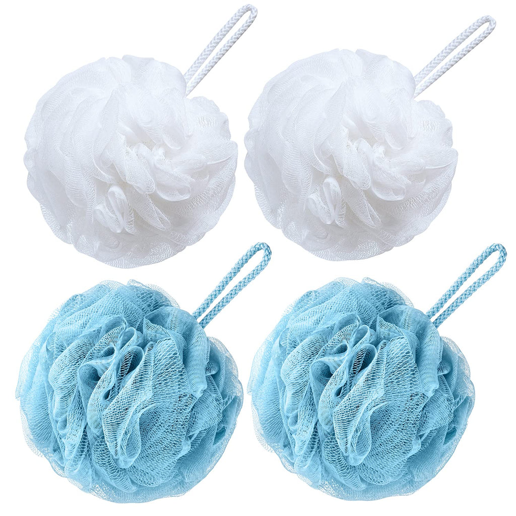 VANZAVANZU Bath Loofah Large 80g Shower Sponge Body Scrubber Mesh Pouf for Men and Women, Set of 4 (Turquoise + White)