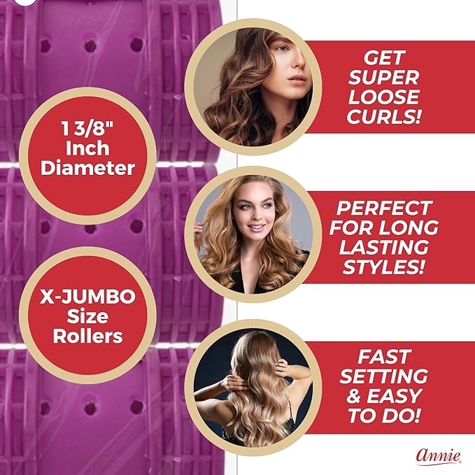 Annie Snap on Magnetic Rollers 6 pack X-Jumbo #1219, Hair curls, holds hair secure, easy to use, for all hair types