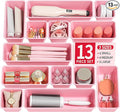 13 Pack Plastic Drawer Organizers Set, 3 Sizes Desk Drawer Organizer Trays for Vanity and Makeup Organizer, Organization and Storage for Makeup, Kitchen Utensils, Bathroom and Office(Pink)