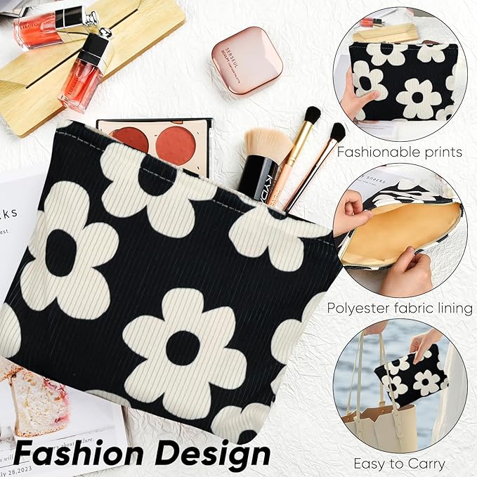Ksriylm Cute Makeup Pouch for Women Flower Small Make Up Bag for Purse Zipper Initial Cosmetic Bags Pouches for Purse Aesthetic Travel Toiletrybags Gift,Black White Floral