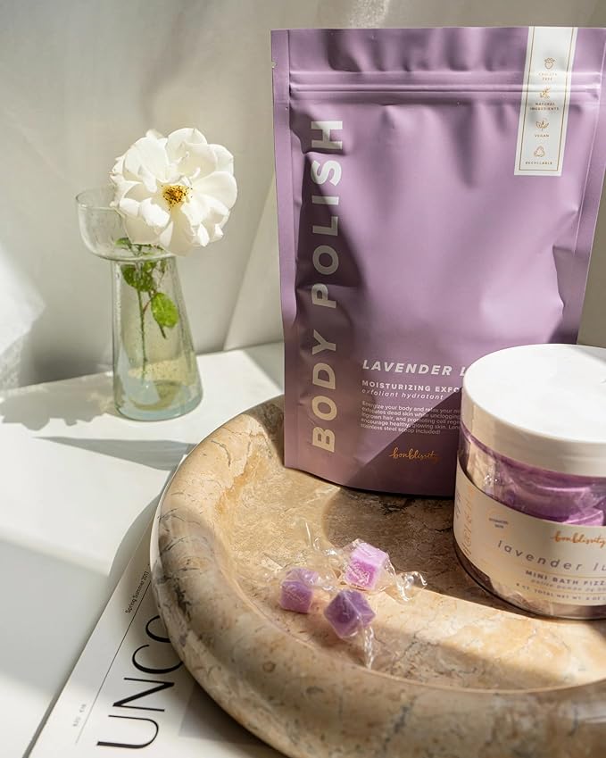 Bonblissity Body Polish, 8oz. - Lavender Luxury Scented Body Scrub Exfoliator for Women, Exfoliating Sugar Scrub To Lotion Moisturizer, Gentle Exfoliant for Dry and Sensitive Skin, Handmade in USA