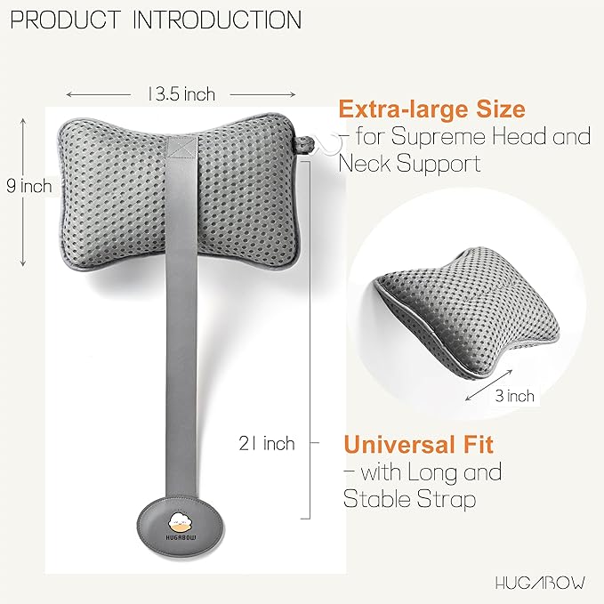 HUGABOW 2-Pack Large Pillow for Hot Tub (Grey), Spa, and Chaise Lounge - Universal Headrest & Neck Support Cushion, Adjustable Height with Long Strap, Easy Drying with Hook