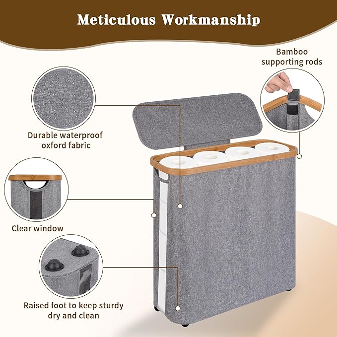 Toilet Paper Storage Basket with Lid - The Ultimate Bathroom Organizer, Free Standing Toilet Paper Holder for Up to 12 Mega Rolls, Toilet Tissue Storage Bin with Handle for RV Closet, Grey