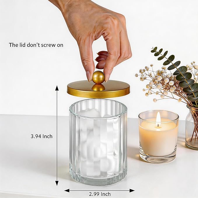 Amolliar Qtip Holder Dispenser for Bathroom, Clear Glass Canister Apothecary Jar for Cotton Swabs, Cotton Balls, Makeup Pads, Floss Picks, Container for Countertop Vanity Storage Organizer,Gold 2 Pack