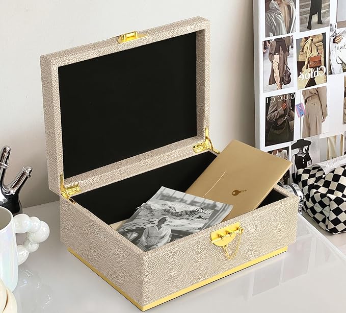 HofferRuffer Elegant Faux Leather Decorative Box, Storage Jewelry Box Organizer, Large Dresser Cosmetic Organizer Holder, Classic Jewelry Accessory Organizer, 11x8x4.8 inches (Light Grey)
