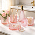 Pink Glass Bathroom Accessories Set 5 Pcs, Pink Bathroom Set, Soap Dispenser and Toothbrush Holder Set, Qtip Holder Set, Vintage Bathroom Sink Set, Cute Bathroom Decor