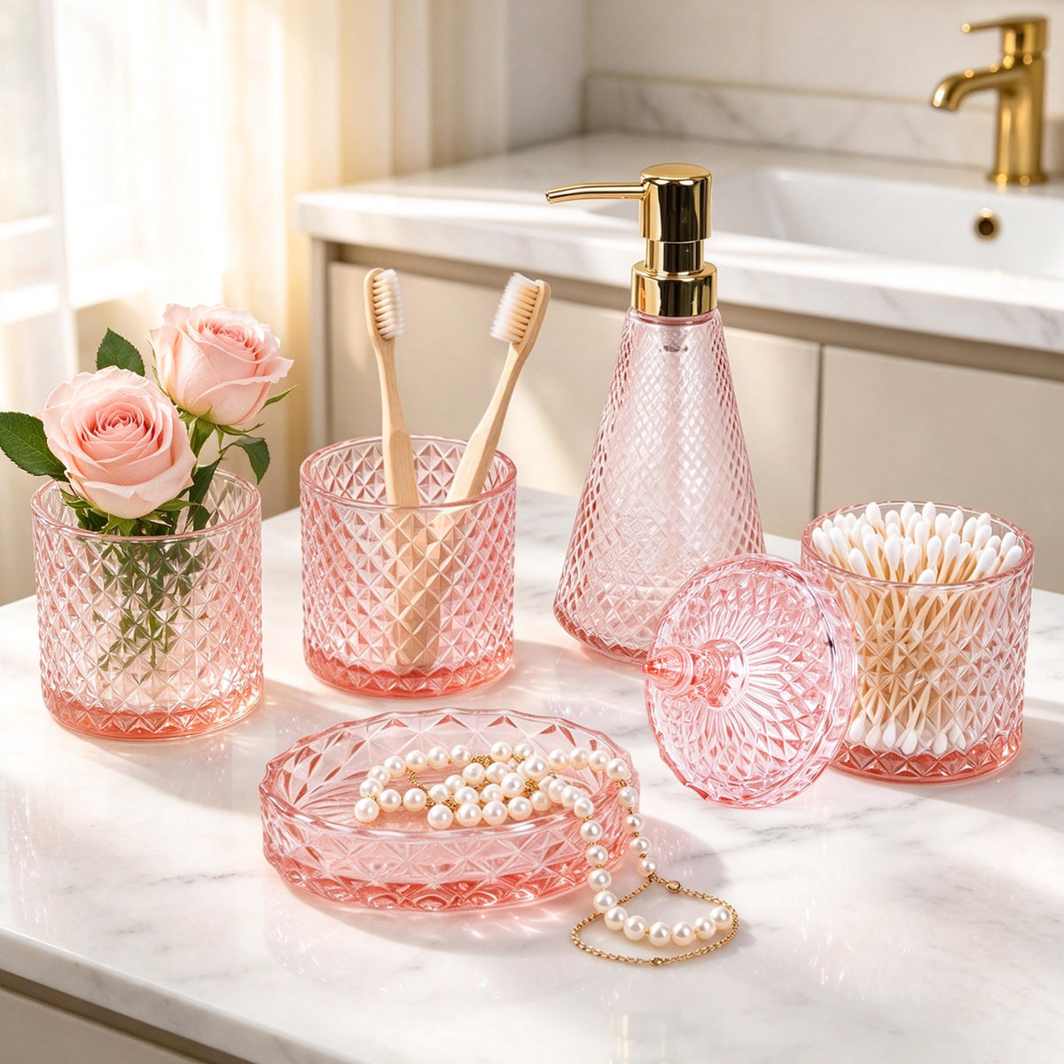Pink Glass Bathroom Accessories Set 5 Pcs, Pink Bathroom Set, Soap Dispenser and Toothbrush Holder Set, Qtip Holder Set, Vintage Bathroom Sink Set, Cute Bathroom Decor