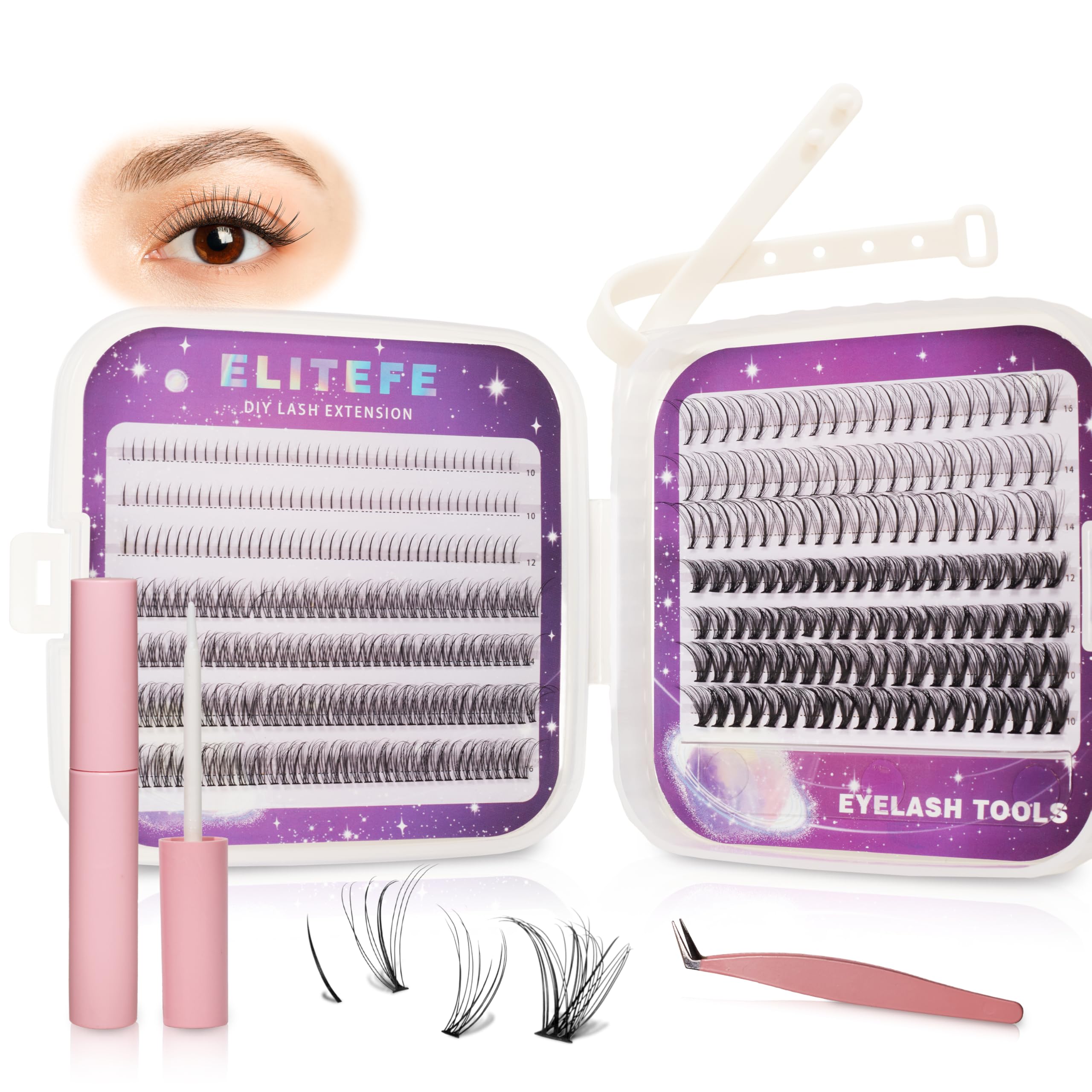 Elitefe Lash Extension Kit DIY Lash Clusters Kit Eyelash Extensions Individual Lashes Extensions with (Lash Bond,Tweezers,424Pcs, 7D+30D,0.07D, 5-16mm)