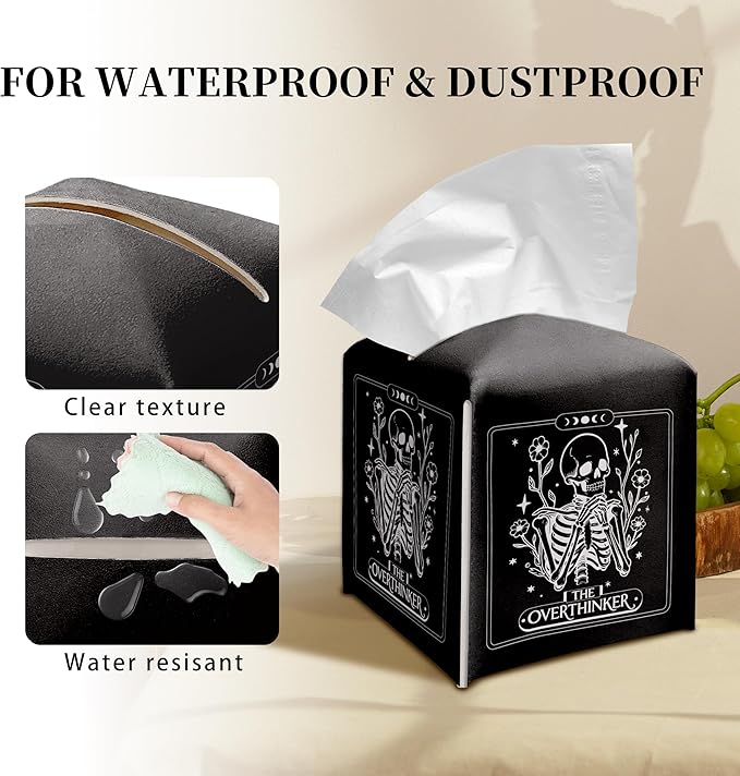 Grace Yonks Cute Tissue Box Cover Square - Gothic Skeleton “The Overthinker” Print, Funny Tarot-Inspired Design 5.2" PU Leather Holder for Vanity, Bathroom Counter - Cube Case for Facial Tissues(024)