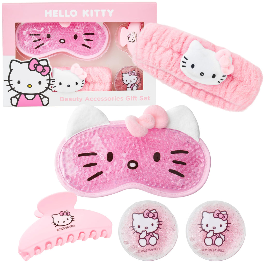 Hello Kitty Sanrio Beauty Set for Women, Teens with Cooling Gel Eye Mask, Plush Skincare Headband, Claw Clip, Eye Pads, Kawaii Gifts for Women (Pink Hello Kitty)