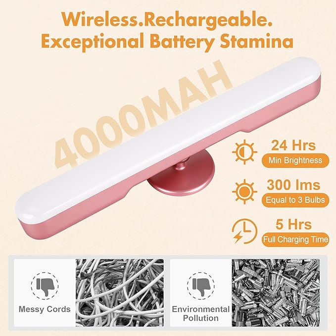Set of 2 Wireless Vanity Makeup Lights for Mirror, Rechargeable LED Stick On Light Bar for Bathroom Mirror with Dimmable 3 CCT, Long Battery Life Cordless Light Valentine’s Day gift for Women(Pink)