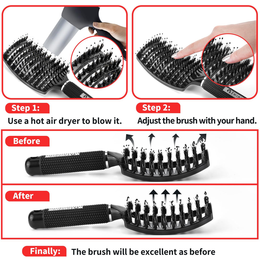 Boar Bristle Hair Brush Set of 2, HIPPIH Wet & Dry Hair Brushes Made by Fine Natural Boar Hair Can Adds Shine and Smoothing, Detangling Hairbrush for Women, Men & Kids' Long Curly Thick Hair